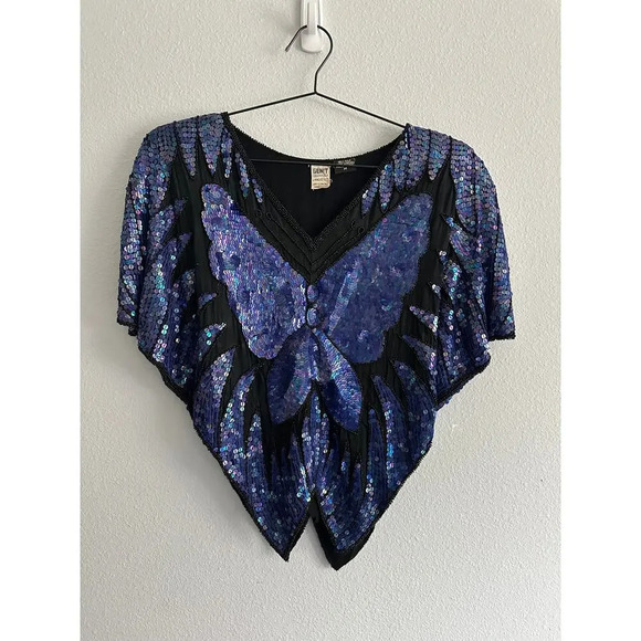 Vintage 70s/80s BUTTERFLY Bluish purple sequin and beaded cape blouse top Sz M - Picture 6 of 15